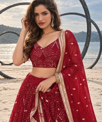 RED NET THREAD WITH ZARI AND SEQUINCE WORK FESTIVE LEHENGA CHOLI SET FOR WOMEN'S 5