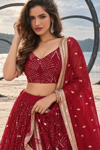 RED NET THREAD WITH ZARI AND SEQUINCE WORK FESTIVE LEHENGA CHOLI SET FOR WOMEN'S