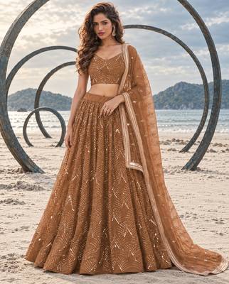 BROWN NET THREAD WITH ZARI AND SEQUINCE WORK FESTIVE LEHENGA CHOLI SET FOR WOMEN'S 1