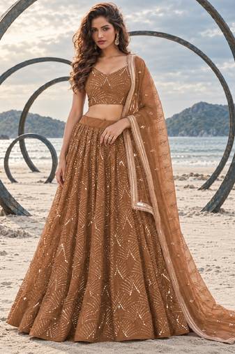 BROWN NET THREAD WITH ZARI AND SEQUIN WORK FESTIVE LEHENGA CHOLI