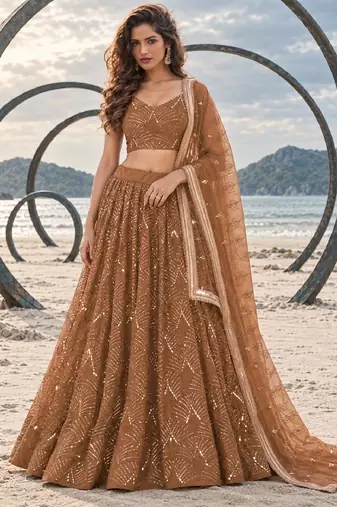 BROWN NET THREAD WITH ZARI AND SEQUINCE WORK FESTIVE LEHENGA CHOLI SET FOR WOMEN'S