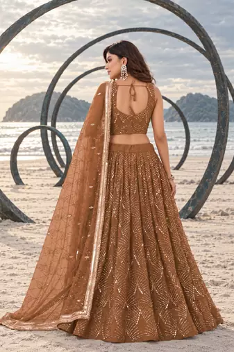 BROWN NET THREAD WITH ZARI AND SEQUINCE WORK FESTIVE LEHENGA CHOLI SET FOR WOMEN'S