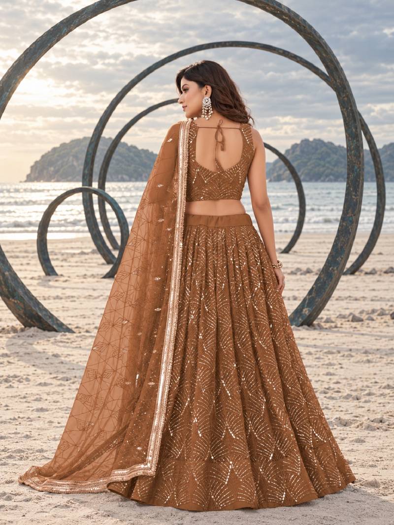 BROWN NET THREAD WITH ZARI AND SEQUINCE WORK FESTIVE LEHENGA CHOLI SET FOR WOMEN'S