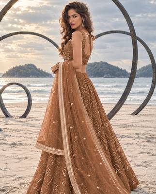 BROWN NET THREAD WITH ZARI AND SEQUINCE WORK FESTIVE LEHENGA CHOLI SET FOR WOMEN'S 3