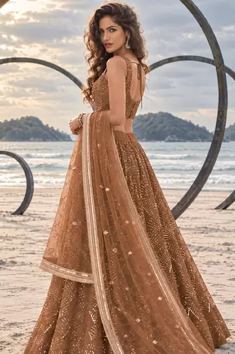 BROWN NET THREAD WITH ZARI AND SEQUINCE WORK FESTIVE LEHENGA CHOLI SET FOR WOMEN'S