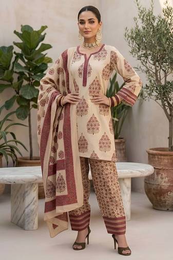 Beige floral printed straight kurta set for women