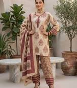Beige floral printed straight kurta set for women