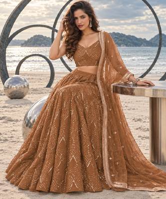 BROWN NET THREAD WITH ZARI AND SEQUINCE WORK FESTIVE LEHENGA CHOLI SET FOR WOMEN'S 4