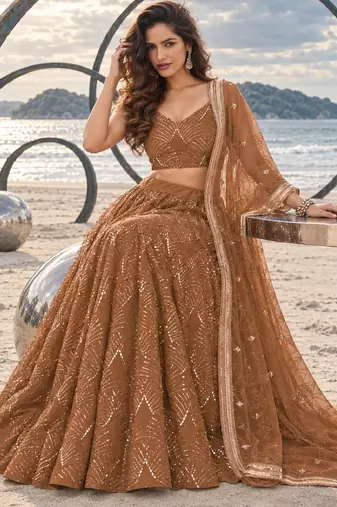 BROWN NET THREAD WITH ZARI AND SEQUINCE WORK FESTIVE LEHENGA CHOLI SET FOR WOMEN'S