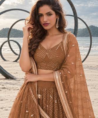 BROWN NET THREAD WITH ZARI AND SEQUINCE WORK FESTIVE LEHENGA CHOLI SET FOR WOMEN'S 5