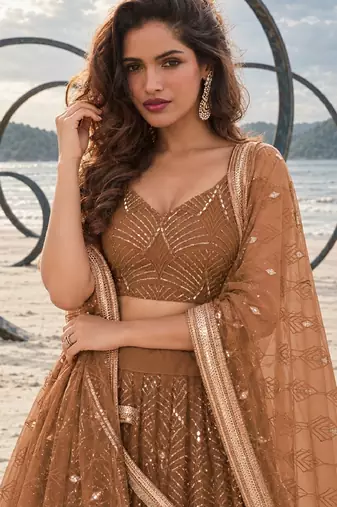 BROWN NET THREAD WITH ZARI AND SEQUINCE WORK FESTIVE LEHENGA CHOLI SET FOR WOMEN'S