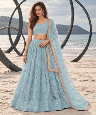 SKY BLUE NET THREAD WITH ZARI AND SEQUINCE WORK FESTIVE LEHENGA CHOLI SET FOR WOMEN'S 1