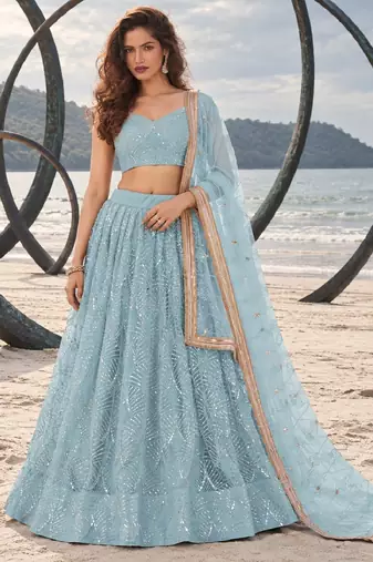 SKY BLUE NET THREAD WITH ZARI AND SEQUINCE WORK FESTIVE LEHENGA CHOLI SET FOR WOMEN'S
