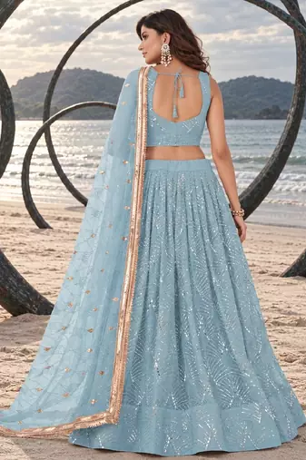 SKY BLUE NET THREAD WITH ZARI AND SEQUINCE WORK FESTIVE LEHENGA CHOLI SET FOR WOMEN'S