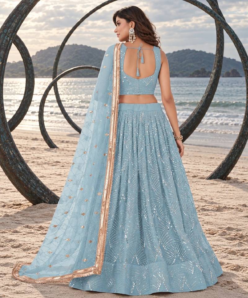 SKY BLUE NET THREAD WITH ZARI AND SEQUINCE WORK FESTIVE LEHENGA CHOLI SET FOR WOMEN'S
