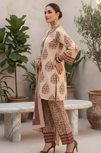 Beige floral printed straight kurta set for women