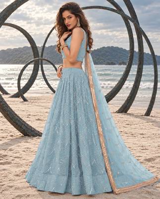 SKY BLUE NET THREAD WITH ZARI AND SEQUINCE WORK FESTIVE LEHENGA CHOLI SET FOR WOMEN'S 3