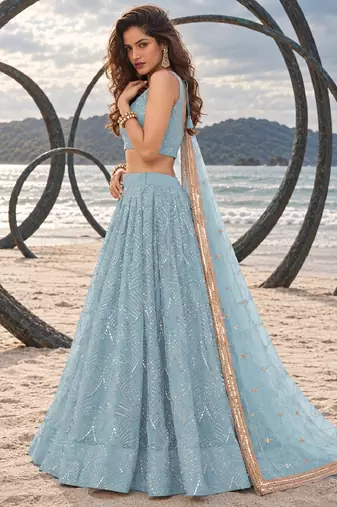 SKY BLUE NET THREAD WITH ZARI AND SEQUINCE WORK FESTIVE LEHENGA CHOLI SET FOR WOMEN'S
