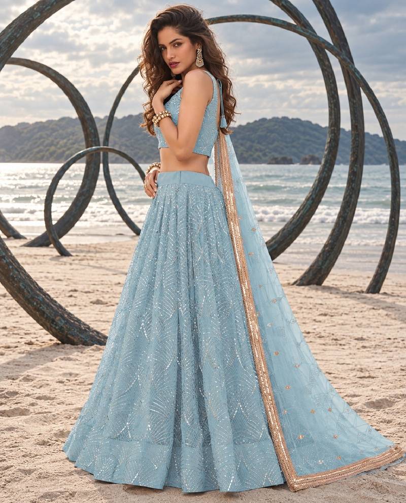 SKY BLUE NET THREAD WITH ZARI AND SEQUINCE WORK FESTIVE LEHENGA CHOLI SET FOR WOMEN'S