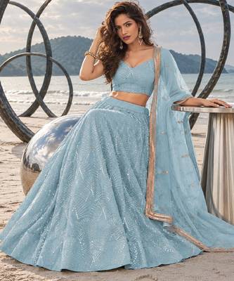 SKY BLUE NET THREAD WITH ZARI AND SEQUINCE WORK FESTIVE LEHENGA CHOLI SET FOR WOMEN'S 4