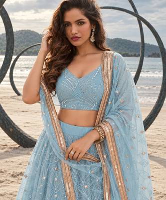 SKY BLUE NET THREAD WITH ZARI AND SEQUINCE WORK FESTIVE LEHENGA CHOLI SET FOR WOMEN'S 5