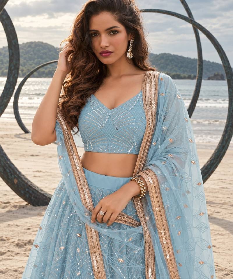 SKY BLUE NET THREAD WITH ZARI AND SEQUINCE WORK FESTIVE LEHENGA CHOLI SET FOR WOMEN'S