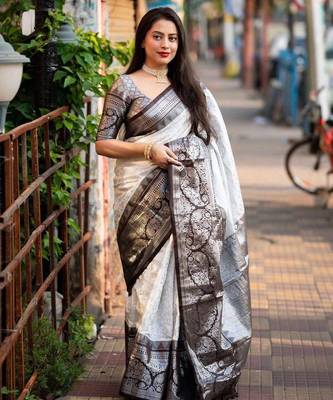 White black silk blend jacuard work festival saree with unstitched blouse piece 1