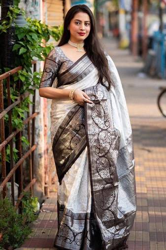 White black silk blend jacuard work festival saree with unstitched blouse piece