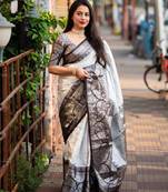 White black silk blend jacuard work festival saree with unstitched blouse piece