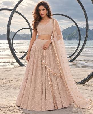 LIGHT BEIGE NET THREAD WITH ZARI AND SEQUINCE WORK FESTIVE LEHENGA CHOLI SET FOR WOMEN'S 1