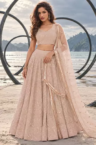 LIGHT BEIGE NET THREAD WITH ZARI AND SEQUINCE WORK FESTIVE LEHENGA CHOLI SET FOR WOMEN'S