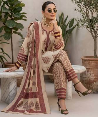 Beige floral printed straight kurta set for women 5