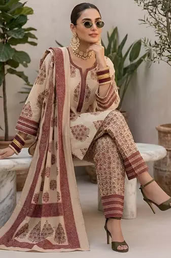 Beige floral printed straight kurta set for women