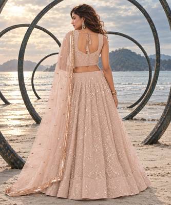 LIGHT BEIGE NET THREAD WITH ZARI AND SEQUINCE WORK FESTIVE LEHENGA CHOLI SET FOR WOMEN'S 2