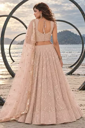 LIGHT BEIGE NET THREAD WITH ZARI AND SEQUINCE WORK FESTIVE LEHENGA CHOLI SET FOR WOMEN'S