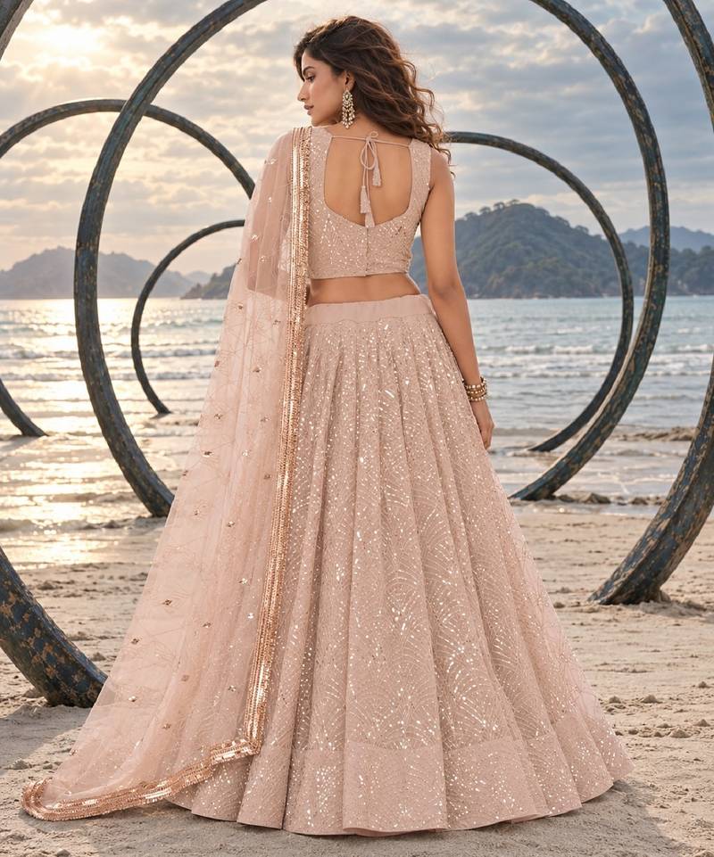 LIGHT BEIGE NET THREAD WITH ZARI AND SEQUINCE WORK FESTIVE LEHENGA CHOLI SET FOR WOMEN'S
