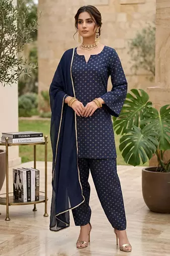 Blue floral printed straight kurta set for women