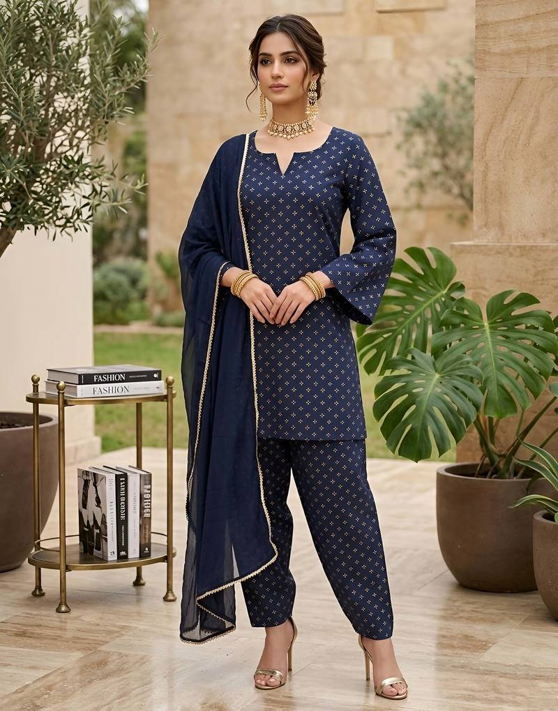 Blue floral printed straight kurta set for women
