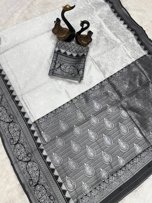 White black silk blend jacuard work festival saree with unstitched blouse piece 4