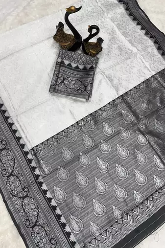 White black silk blend jacuard work festival saree with unstitched blouse piece