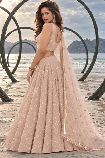 LIGHT BEIGE NET THREAD WITH ZARI AND SEQUINCE WORK FESTIVE LEHENGA CHOLI SET FOR WOMEN'S