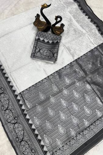White black silk blend jacuard work festival saree with unstitched blouse piece