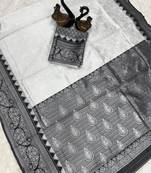 White black silk blend jacuard work festival saree with unstitched blouse piece