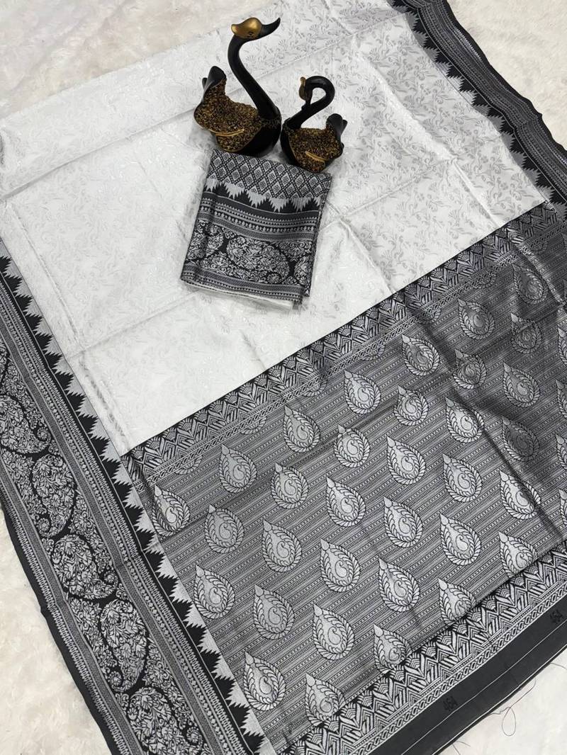 White black silk blend jacuard work festival saree with unstitched blouse piece