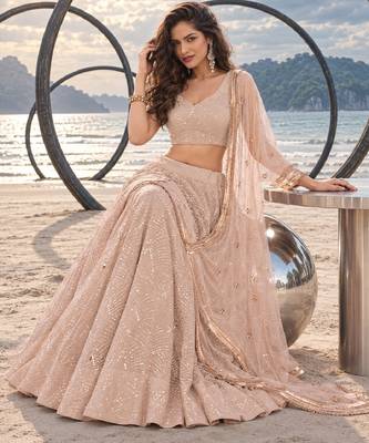 LIGHT BEIGE NET THREAD WITH ZARI AND SEQUINCE WORK FESTIVE LEHENGA CHOLI SET FOR WOMEN'S 4