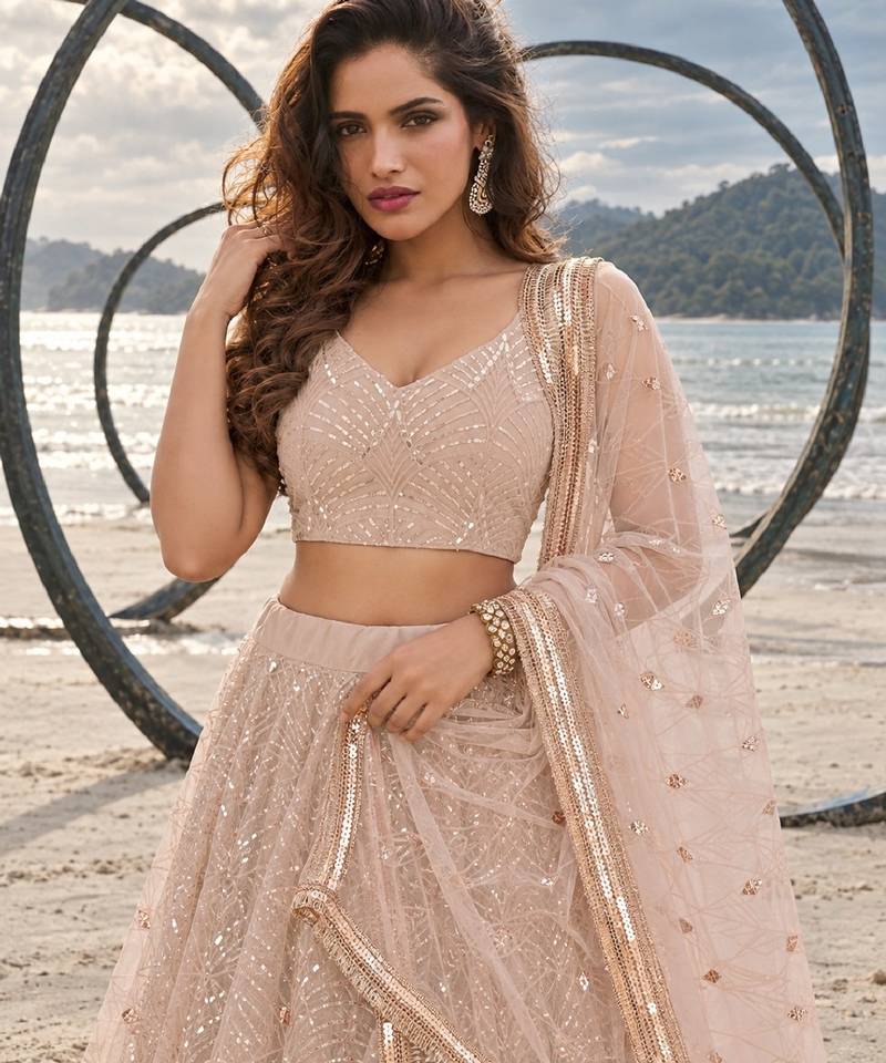 LIGHT BEIGE NET THREAD WITH ZARI AND SEQUINCE WORK FESTIVE LEHENGA CHOLI SET FOR WOMEN'S