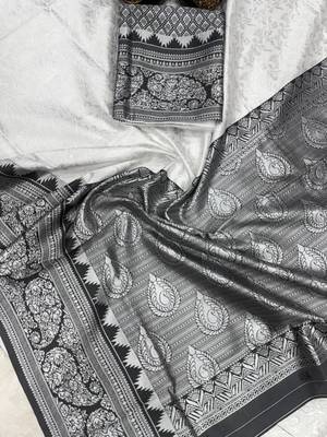 White black silk blend jacuard work festival saree with unstitched blouse piece 2