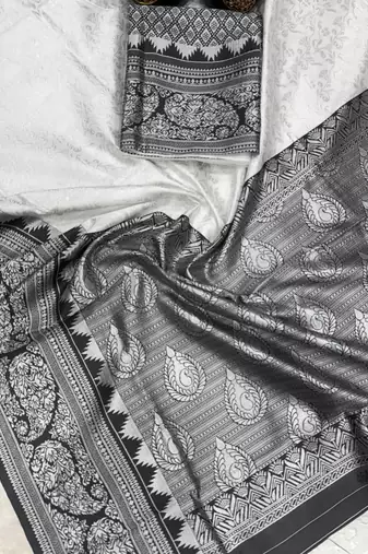 White black silk blend jacuard work festival saree with unstitched blouse piece