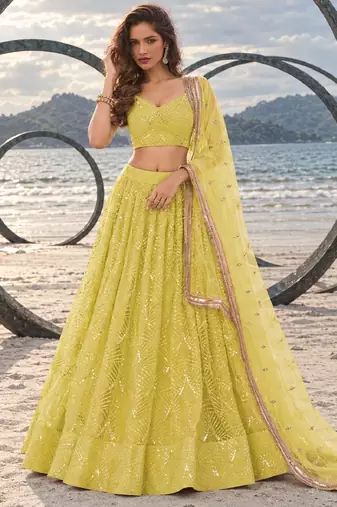 LIGHT YELLOW NET THREAD WITH ZARI AND SEQUINCE WORK FESTIVE LEHENGA CHOLI SET FOR WOMEN'S