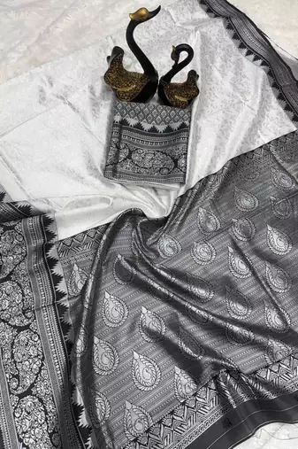 White black silk blend jacuard work festival saree with unstitched blouse piece